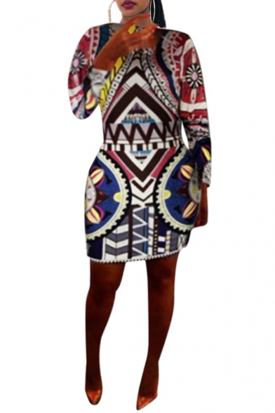 Fashion Colorful Tribal Printed Round Neck Long Sleeve Oversized Bodycon Mini Dress