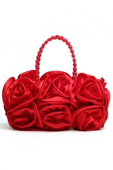Fashion Solid Color Ruffled Floral Pattern Beaded Handle Clutch Handbag 30*18 CM