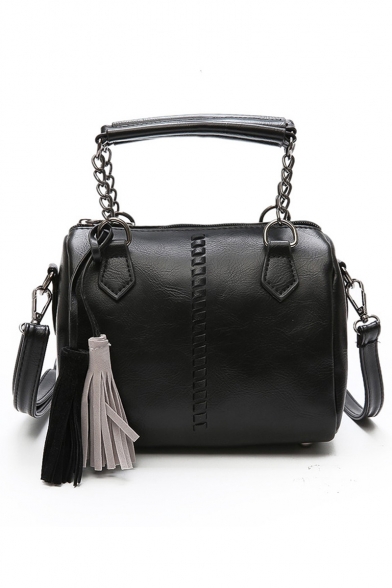 Fashion Solid Color Weaving Detail Tassel Embellishment PU Leather Crossbody Satchel Bag 19*12*15 CM