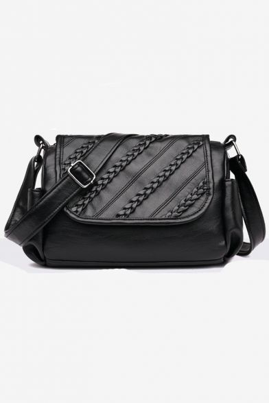 Fashion Solid Color Woven Black PU Soft Leather Casual Messenger Bag 24*10*18 CM
