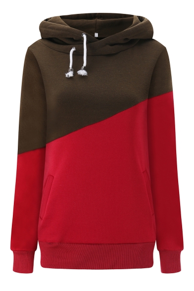 Fashion Two-Tone Green and Red Color Block Long Sleeve Casual Drawstring Hoodie