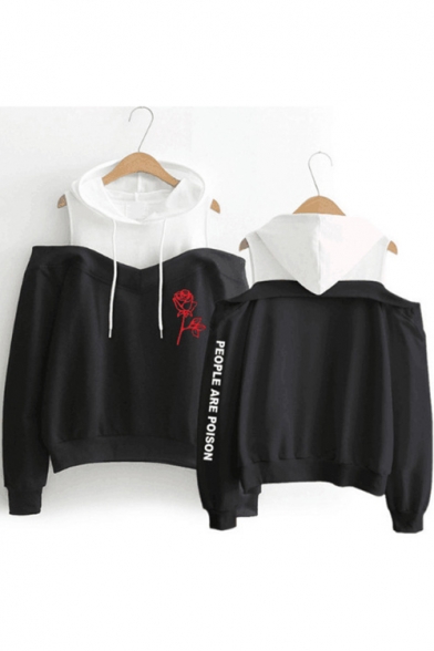 Floral Letter People Are Poison Rose Fashion Cold Shoulder Long Sleeve Pullover Hoodie