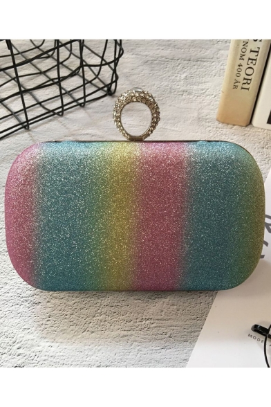 Hot Fashion Colorful Rainbow Printed Rhinestone Ring Buckle Glitter Clutch Bag 16*4*14 CM