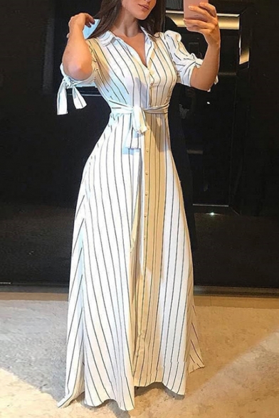 Hot Fashion Lapel Collared Bow Short Sleeve Stripes Printed Button-Front Bow-Tied Waist Maxi Shirt White Dress