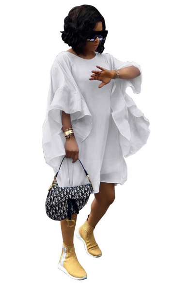 Hot Fashion Round Neck Ruffle Sleeve Plain Loose Mini White Dress For Women