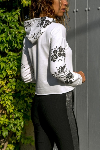 Hot Fashion Women's Floral Print Drawstring Hood Long Sleeve White Hoodie
