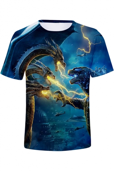King of the Monsters 3D Lightning Dragon Pattern Blue Short Sleeve Tee