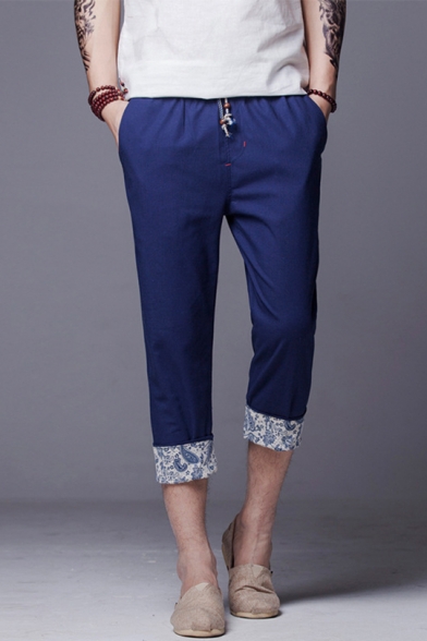 Men's Summer Basic Drawstring Waist Chic Floral Patched Cuff Slim Fit Cotton Cropped Tapered Pants