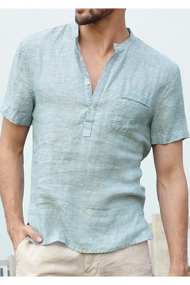 Mens New Trendy Solid Color Button V-Neck Short Sleeve Casual Linen Henley Shirt