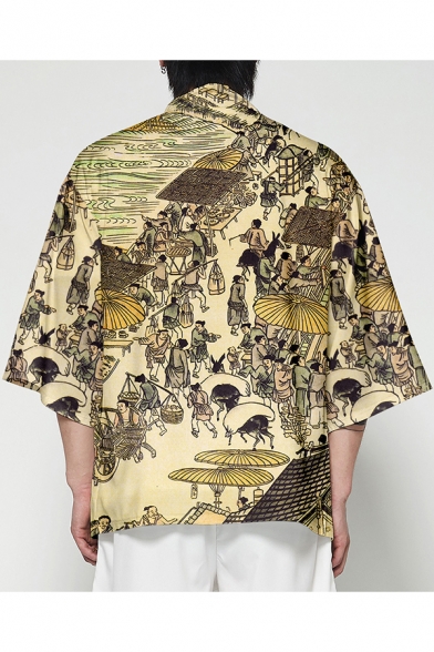 Mens Retro Chinese Style Pattern Three-Quarter Sleeve Loose Fit Sun Protection Kimono Shirt