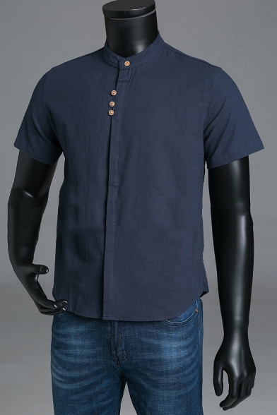 Mens Summer Trendy Stand Collar Four-Button Front Short Sleeve Casual Linen Shirt