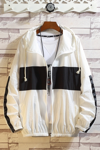Mens Summer Ultra-Thin Breathable Outdoor Sport Loose Black and White Zipper Front Hooded Lightweight Jacket Coat