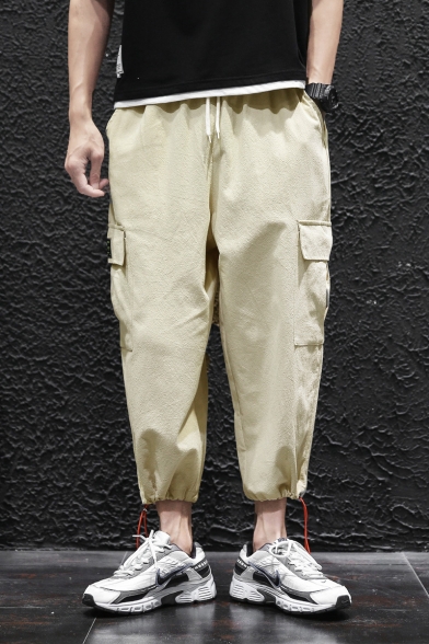 Mens Trendy Simple Plain Drawstring Waist Drawcord Cuff Linen Loose Cargo Pants