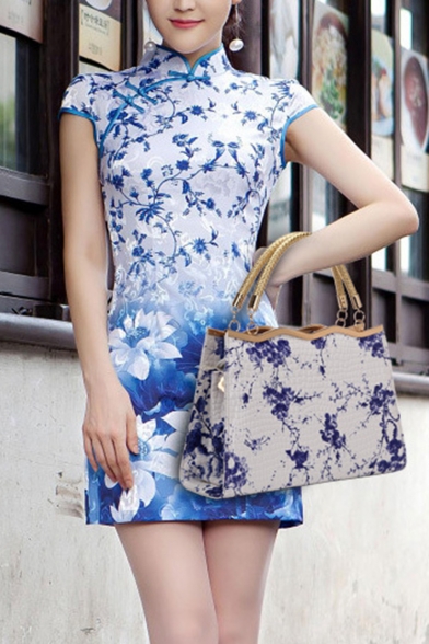 National Stylish Floral Printed Top Handle Satchel Handbag for Women 31*10*21 CM