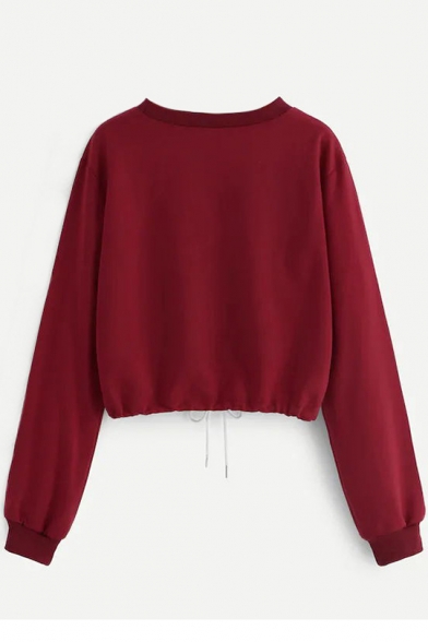 New Fashion I'M SO FREAKING COLD Letter Print Drawstring Hem Long Sleeve Burgundy Cropped Sweatshirt