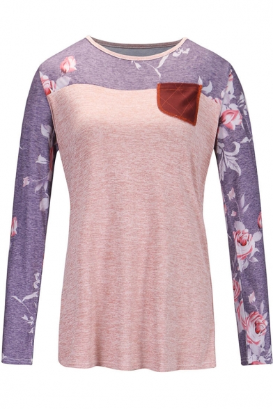 Pink Color Block Floral Print Round Neck Long Sleeve Pocket Patchwork Button Detail T-shirt