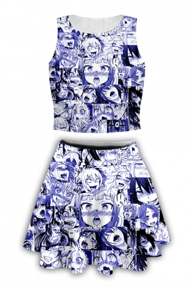 Popular Ahegao Comic Girl Printed Sleeveless Tank Top with Mini Skirt Two-Piece Set