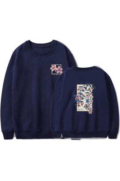Popular Floral Print Round Neck Long Sleeve Pullover Unisex Sweatshirt