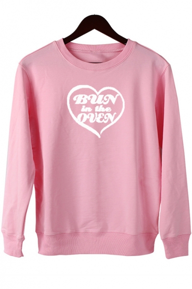Popular Heart Letter BUN IN THE OVEN Round Neck Long Sleeve Casual Sweatshirt