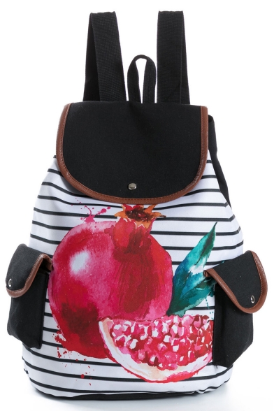 Popular Stripe Fruit Printed Double Pocket Side Black and White School Backpack 28*11*39 CM