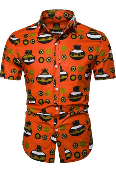 Retro African Tribal Printed Short Sleeve Orange Slim Button Shirt for Men