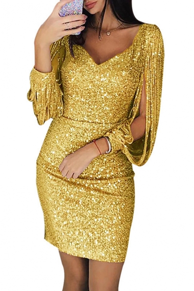 Sexy V-Neck Hollow Out Tassel Long Sleeve Womens Mini Sheath Sequined Club Dress