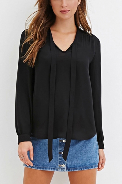 Simple Plain Bow-Tied V-Neck Long Sleeve Fitted Chiffon Blouse Top