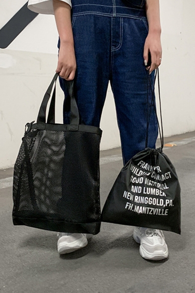 Stylish Letter Printed Drawstring Shoulder Backpack Black Casual Tote Bag 46*31*6 CM