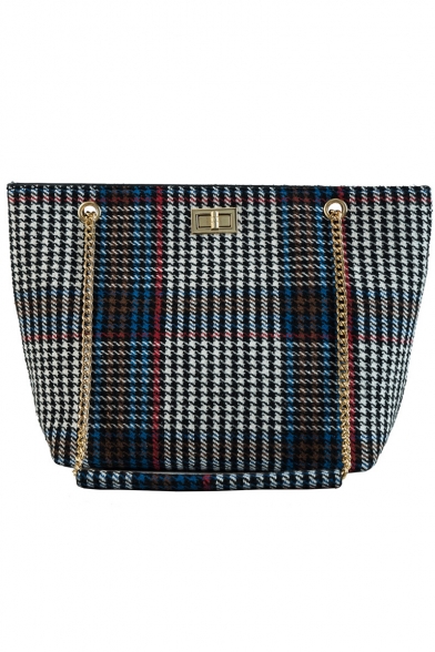 Stylish Plaid Pattern Large Capacity Casual Shoulder Tote Bag with Chain Strap 36*24*12 CM