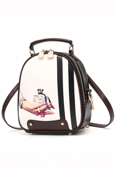 Stylish Stripe Printed Rivet Embellishment Portable White Casual Backpack 21*10*23 CM