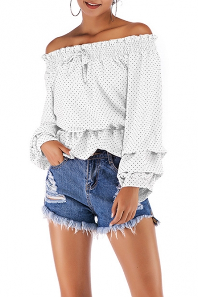 Summer Classic Stylish Polka Dot Printed Ruffled Off the Shoulder Puff Sleeve Blouse Top