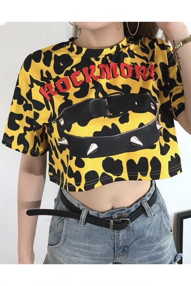 Summer Cool Yellow Camo Letter ROCK MORE Printed Round Neck Short Sleeve Crop T-Shirt
