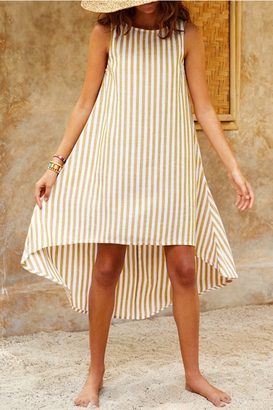Summer Fashion Vertical Striped Printed Round Neck Sleeveless High Low Hem Swing Asymmetrical Dress