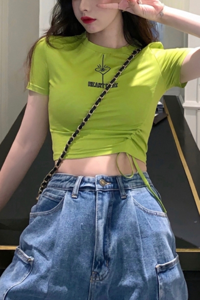 Summer Girls Fashion Round Neck Short Sleeve Drawstring Ruched Side Slim Fit Crop T-Shirt