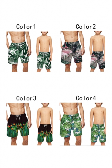 Summer New Stylish Tropical Leaf Print Casual Beach Swim Trunks Parent-Child Swim Shorts