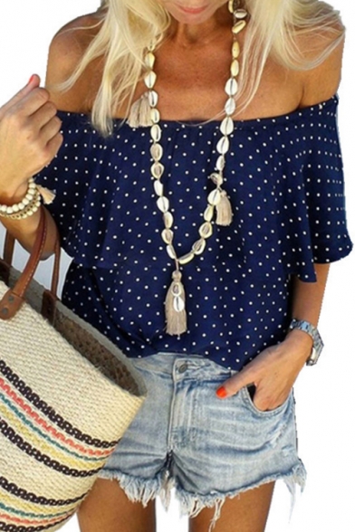 Summer Trendy Polka Dot Printed Off the Shoulder Casual Loose Blouse Top