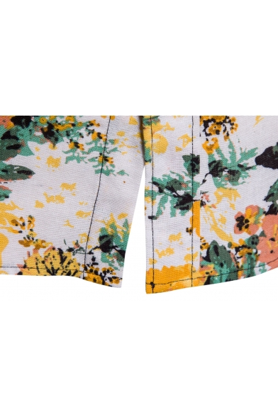 Teenagers Trendy Yellow Floral Print Long Sleeve Slim Fitted Button Shirt