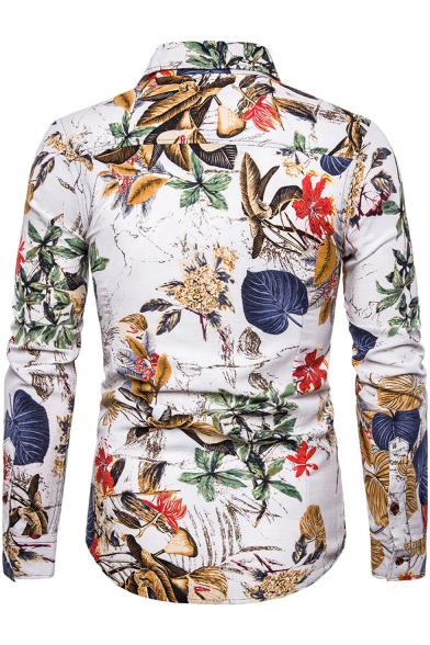 Trendy Floral Pattern Spread Collar Long Sleeve Button Up Slim Fit White Shirt