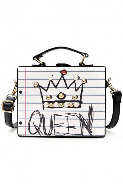 Trendy Letter QUEEN Stripe Crown Printed Rivet Embellishment White Crossbody Satchel Bag 16*19*8 CM