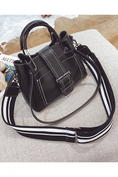 Trendy Plain Belt Buckle Design Stripe Wide Strap Quilted Satchel Shoulder Bag 27*11*21 CM