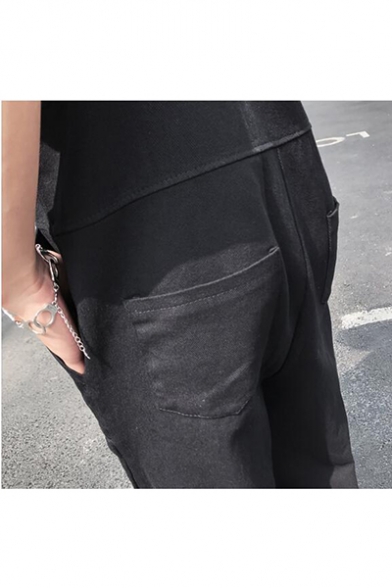 Trendy Simple Plain Black Casual Straight Fit Bib Overalls Pants