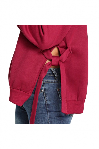 Trendy Simple Plain Fashion Tied Side Basic Round Neck Long Sleeve Loose Fit Burgundy Sweatshirt