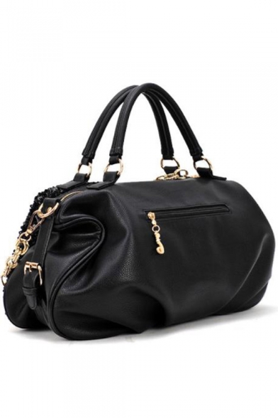 Trendy Solid Color Black Sequin Casual Satchel Bag for Women