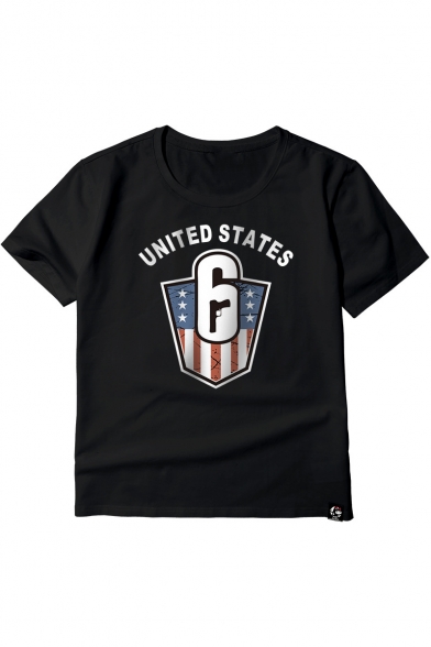United States Flag Number 6 Pattern Short Sleeve Round Neck Loose Fit T-Shirt