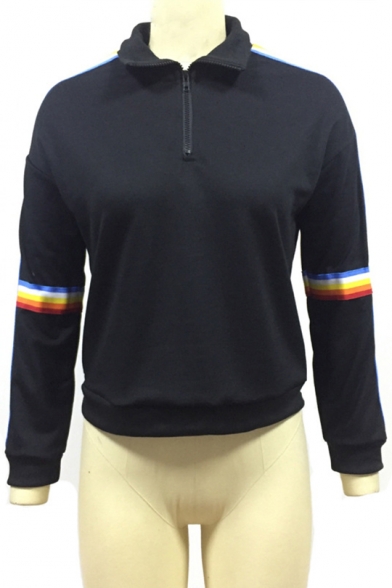 Women's Cool Half-Zip Front High Neck Rainbow Striped Print Long Sleeve Black Loose Fit Sweatshirt