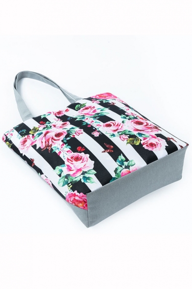 Women's Fashion Floral Stripe Pattern Black and White Shoulder Tote Shopper Bag 27*11*38 CM