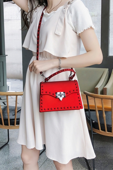 Women's Fashion Plain Rivet Embellishment Crossbody Satchel Bag 24*7*16 CM