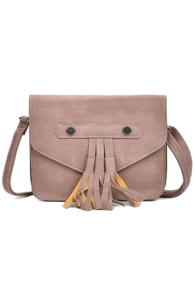 Women's Fashion Plain Tassel Embellishment Pink PU Casual Crossbody Bag 14*19*6 CM