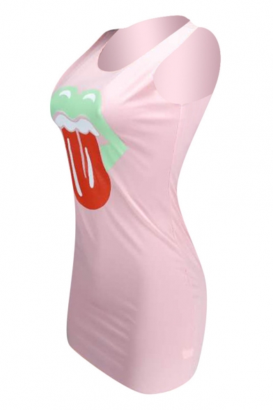 Women's Fashionable Round Neck Sleeveless Lips Print Casual Mini Tank Dress
