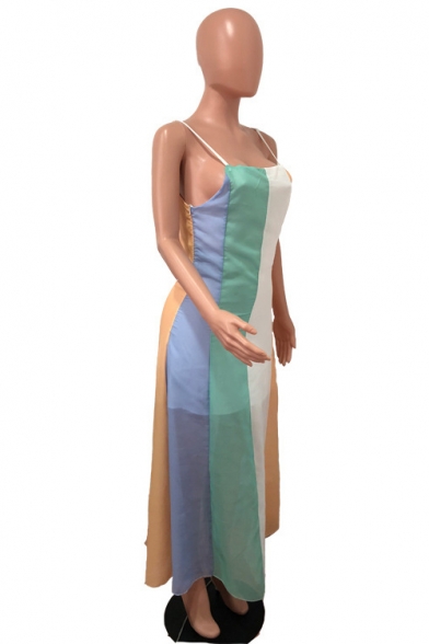 Women's Hot Fashion Spaghetti Straps Colorblock Printed Loose Maxi Chiffon Slip Dress